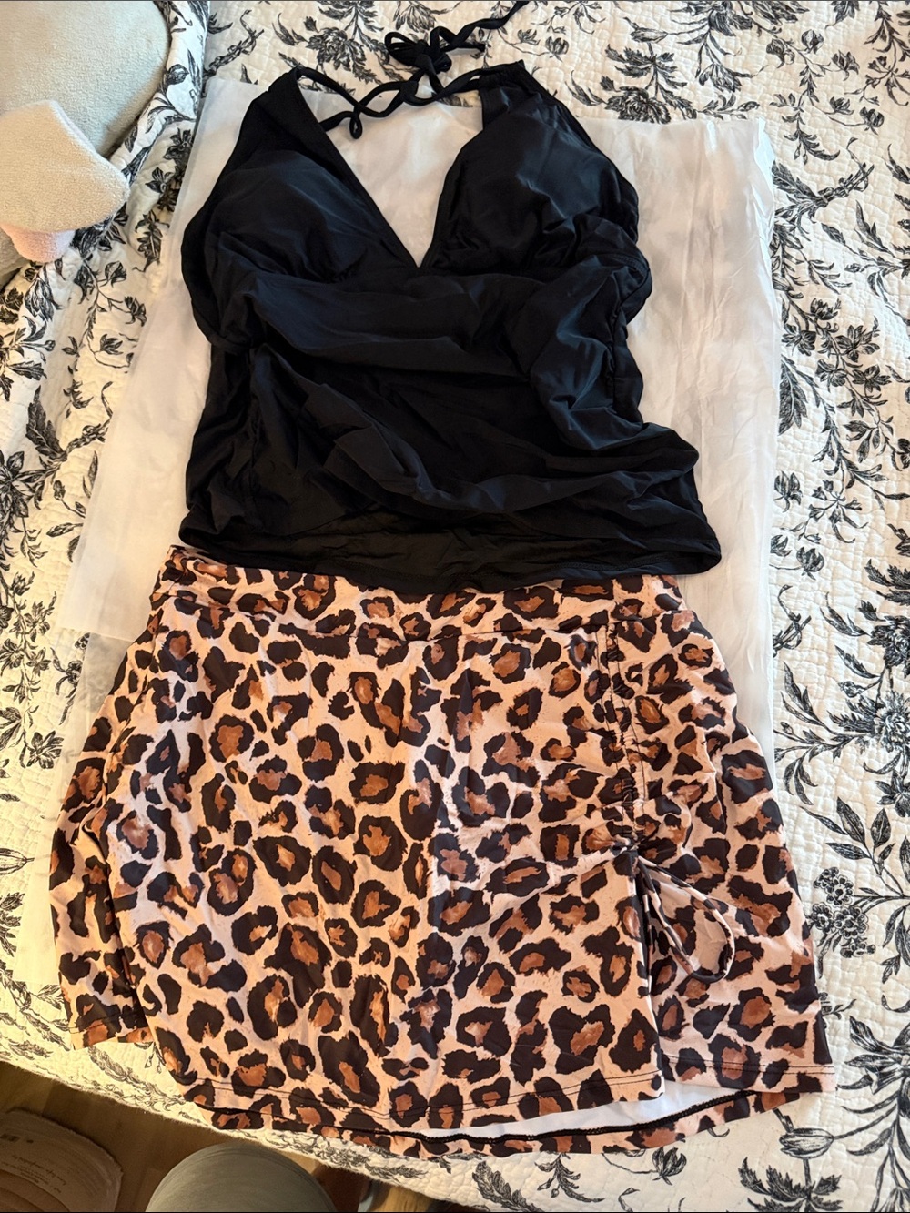 Black Halter Tankini Top with Leopard Print Swim Skirt